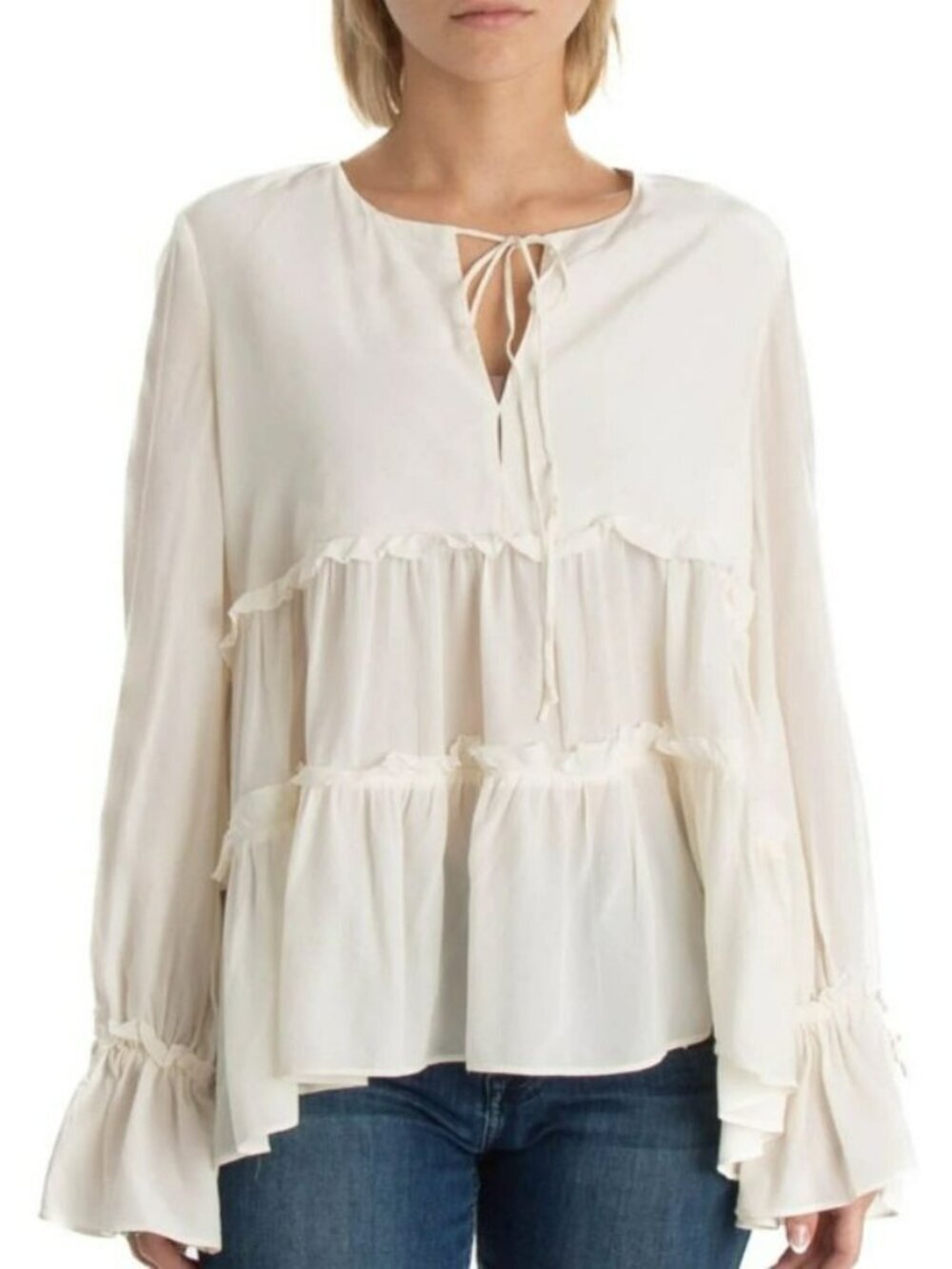 Alexis White Silk Tiered Ruffle Blouse With Tie Neck & Flared Sleeves Womens Top